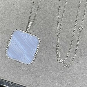 Women Jade Pendant Necklace 925 Silver Natural Amethyst Chalcedony Clover Square Pendant Classic Necklace Classy Luxury Party Jewelry