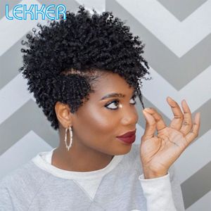 Synthetic Wigs Lekker Short Curly Human Hair Wigs For Black Women Pixie Bob Afro Kinky Brazilian Remy Natural Part Side With Bangs Wigs 230808