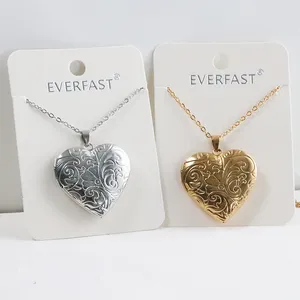 Everfast 10Pc/Lot Carved Designs Heart Photo Frame Stainless Steel Pendant Necklace Wave Charms Locket Women Men Family Memorial Jewelry SN067