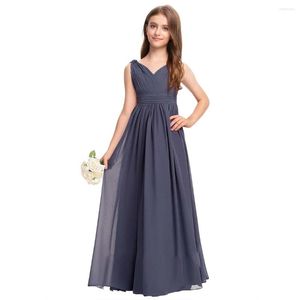 Mädchenkleider YZYmanualroom Junior Brautjungfernkleid V-Ausschnitt bodenlang Chiffon mit Plissee Abend elegante schlanke Bankettkleider