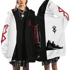 Herrtröjor berserk anime hoodie män zip up hooded sweatshirt dragkedja jackor avslappnad tryck kvinnor unisex svart långärmad kappa y2k toppar