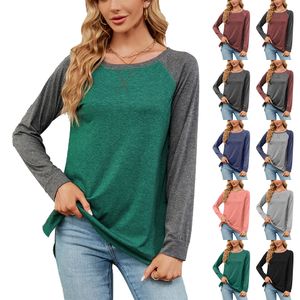 Camiseta Feminina Moda Feminina Outono Color Block Costura O Neck Manga Comprida Couro Falso Top Vestuário