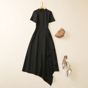 2023 Summer Black Solid Color Panel Dress Kort ärm Runda nackknappar MIDI Casual Dresses A3Q102217