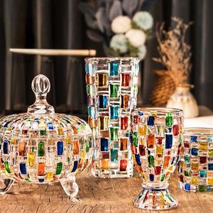 European-style Hand-painted Stained Glass Candy Jar Woven Pattern Fruit Bowl Contrast Vase Painted Juice Cup Whiskey Glass HKD230809