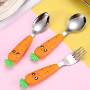 Baby Gadgets Tableware Children Utensil Stainless Steel Toddler Dinnerware Cutlery Cartoon Carrot Kids Infant Food Feeding Spoon ForkZZ