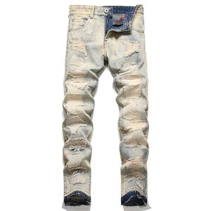 Blaue Herren-Jeans im Retro-Stil, zerrissen, Patchwork-Jeans, Stickerei, Slim-Fit, gerade Denim-Hose, Hose mit Distressed-Patches