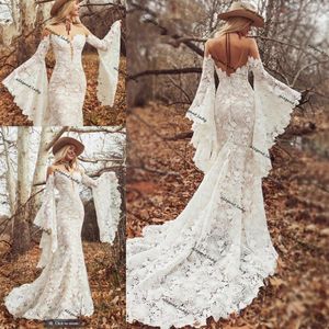 Long Boho Sleeves Wedding Dresses 2021 Sheer O-neck Vintage Crochet Bold cotton Lace Bohemian Hippie Country Bride Gowns230k