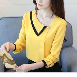 Bluzki damskie żółte nadruk szyfonowa koszulka wiosna letnia moda bluzka loong rękaw ukośny kołnierz elegancki koreański styl swobodny ubrania