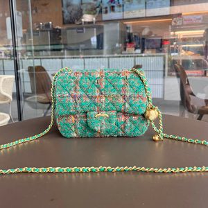 Bolsa de ombro feminina de tweed dourada com aba corrente ajustável acolchoada mini corpo transversal bolsa de grife vintage clássica verde bolsa de moedas ao ar livre pochete mala 18 cm