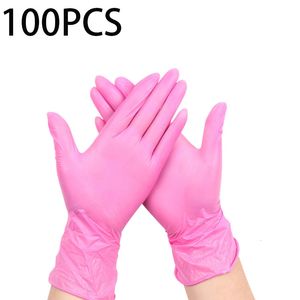 Temizlik Eldivenler 100 PCS Tek Kullanımlık Pembe Nitril Lateks Ücretsiz Su Geçirmez PVC Ev Halkı Su Geçirmez Çalışma Mutfak Yemek Araçları 230809