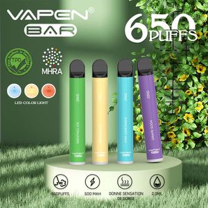 VAPEN BAR TPD Cerficated Descartável Vape Pen E-Cigarettes Kits 650 Puffs 2.0ml Capacidade 20mg 2% NIC 500mAh Bateria Cigs Vaporizer Vapor pré-preenchido UE Reino Unido EUA Atacado