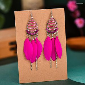 Brincos pendentes étnico rosa vermelho penas joias boho vintage feminino corrente em forma de gota borla casamento nupcial