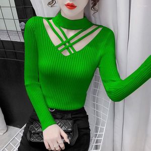 Suéter Feminino Slim Sweatshirt Malha Manga Longa Base Outono/Inverno 2023 Moda Sexy Coreano Verde Senhoras Top