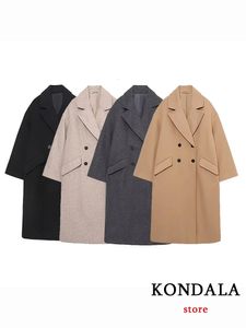 Women Blends KONDALA Women Autumn Winter Thick Long Coats Vintage V Neck Sleeve Pockets Jackets Fashion 2023 Elegant Female 230808