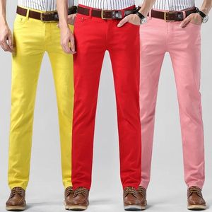 Herr jeans 2023 klassiska märke män röd gul mode casual stil smal passform mjuka byxor manliga avancerade stretchbyxor