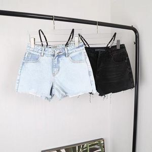 Shorts Feminino Primavera e Verão Estilo Rough Edge Diamond Denim Letter Sling Cintura Alta Versátil Calças Finas