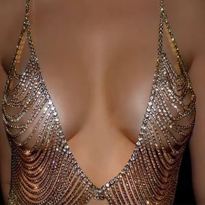 Belly Chains Stonefans Twinkling Chest Chain Rave Outfits Body Jewelry Multilayer Tassel Crystal Harness Chain Bra Bikinis 230808