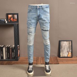 Męskie dżinsy mody mody retro jasnoniebieski spółekowany projektant szczupły rozciągnięte spodnie Hip Hop Patched Pants Hombre