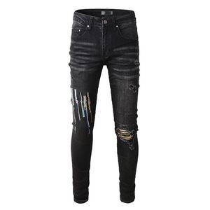 Mens Jeans Black Streetwear Fashion Style Slim Fit Painted Printing Letters Skinny Stretch Graffiti Destroyed Holes Ripped 230809