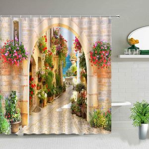 Portaspazzolini Fiori Scenario primaverile Bagno Doccia Tenda Strada Rosso Rosa Floreale Design retrò Giardino Sfondo Decorazioni per pareti Tende di stoffa 230809