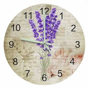 Wanduhren Vintage Pflanze Lavendel Lila Blume Schmetterling Leuchtende Zeigeruhr Home Ornamente Runde Stille Wohnzimmer Dekor