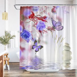 Toothbrush Holders Butterfly Shower Curtains Hooks Floral Bath Curtain Watercolor Flowers and Green Leaves Fabric for Bathroom Decor 230809