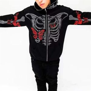 Y2K European and American Fashion Hoodie Cool Rhinestone Butterfly Skeleton Printing Unisex Sweatshirt Zip up Hoodie Men's Vintage Zipper Top Coat