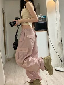 Kadın Pantolon Capris Y2K Baggy Kargo Pantolon Low Rise Drawstring Moda Cep Kawaii Pembe Sıradan Gevşek Sweatpants Kadın Pantolonlar Coquette Estetik 230809