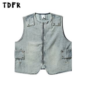 Mäns västar denim last Vest Mens tvättade nödställda knappdekoration Crew Neck -blixtlås ärmlösa män 230809