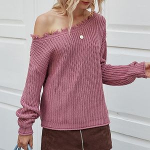 Kvinnors tröjor Sexig tröja Autumn Winter Off Shoulder Slash Neck Knitting Skjorta Långärmning Ruffles Loose Casual Pullover Jumper