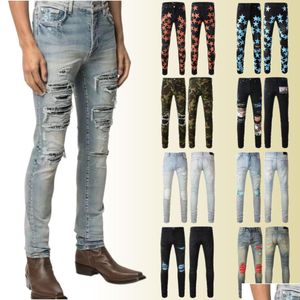 Men'S Jeans Mens Died Ripped Skinny Fashion Motorcycle Moto Long Off Cotton Slim Feet High Street Denim Light Blue Paste Cloth Hole Dhjph