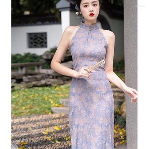 Ethnische Kleidung Damen Lila Verbessertes Langes Cheongsam Schlankes Vintage Neckholder-Kleid Ärmellos Chinesischer Stil Kostüme Sexy Rückenfrei S bis XXL