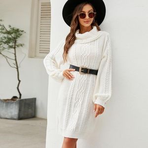 Women's Sweaters 2023 Sweater Dress Versatile Loose Knit Solid Cable-length Turtleneck Long Sleeve White Knitted Women