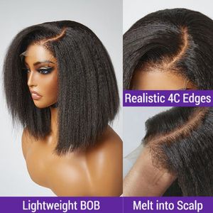 200% Density Kinky Straight Bob Wig 13x4 Lace Frontal Human Hair Wig Pre Plucked with Baby Hair for Black Women Colored Bob Wig