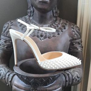 Sandalet 2023 Yaz Moda Kadın Ayakkabı Beyaz Deri Çiviler Slingback Nokta Toe Yüksek Topuklu Stiletto Topuk 12