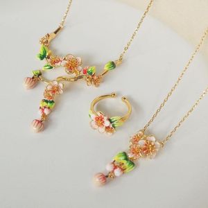 Necklace Earrings Set Romantic Sweet Peach Blossom Jewelry For Women Elgeant Cute Enamel Glaze Copper Flower Fruit Earring Ring Accessories