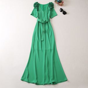 2023 Summer GreenSolid Color Waist Belted Dress Short Sleeve V-Neck Long Maxi Casual Dresses A3Q102218