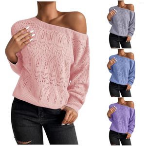 Kadın Sweaters bayanlar seksi düz renkli içi boş örgü kazak uzun kollu kazak