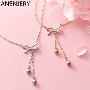 ANENJERY Silver Color Micro Cubic Zircon Bowknot Tassel Necklace for Women Bead Clavicle Chain Necklace Jewelry Gifts S-N689 L230620