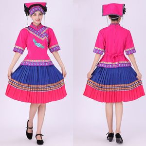 Hmong Ethno-Stil Bühnenkleidung Stickerei Volkstanz Performance Kostüm Top + Rock Sets Festivalbekleidung Frauen Miao Kleidung mit Hut