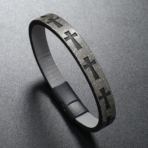 Fashion Men Gift Cross Pattern Leather Bracelet Bangle Jewelry for Wholesale