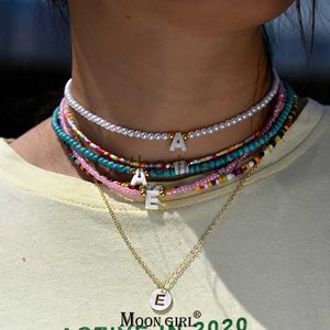 Pendant Necklaces Bohemia Beaded Choker Necklace for Women Initial 26 Letters Pendant Chain Necklace Fashion Shell Pearl Jewelry Boho Accessories J230809