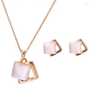 Necklace Earrings Set Trendy Rose Gold Color Opal Earring Jewelry Rigant Vintage Geometry For Women Square Gift Wholesale Drop