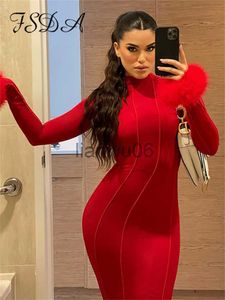 فساتين أساسية غير رسمية FSDA Feathers Patchwork Long Sleeve BodyCon Maxi Wy Women Winter Winter Sexy Selegant Party Dresses Clubwear J2308009