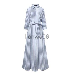 Grundläggande avslappnade klänningar 2023 Fashion Autumn Shirt Women's Dress Boho Elegant Party Dresses Long Evening Gown spets upp enkla vårens kvinnliga randiga klänningar J08009