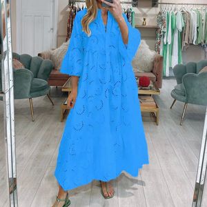 Casual Dresses 2023 Loose Solid Women Party Dress French Lace Hollow Beautiful A-lien Hem Elegant Female Flare Sleeve V-neck Long