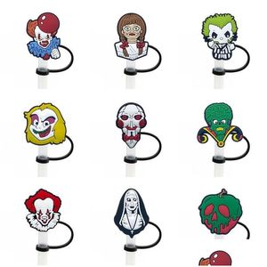 ストローを飲む9pcs/セットハロウィーンホラーセントトッパーエル金型腫瘍のためのサイレチャーム再利用可能なスプラッシュプルーフダストプラグ装飾8mmドロップD