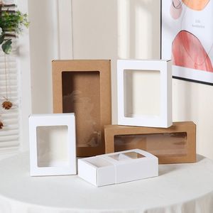 Caixa de presente tipo gaveta de papel kraft branco marrom com janela de PVC transparente, roupas de casamento, meias, roupas íntimas, caixas de embalagem LX4052
