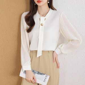 Damenblusen, Herbst, Adrette, weiße Hemden mit Krawatte, koreanische schicke Langarm-All-Match-Oberteile, Vintage-Harajuku-Mädchenblusenkleidung