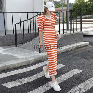 Basic Casual Dresses Korean Chic Puff Sleeve Knitted Sweater Dress 2023 Spring and Autumn Classic Striped Vneck Female Slim Causal Slit Dress J2308009